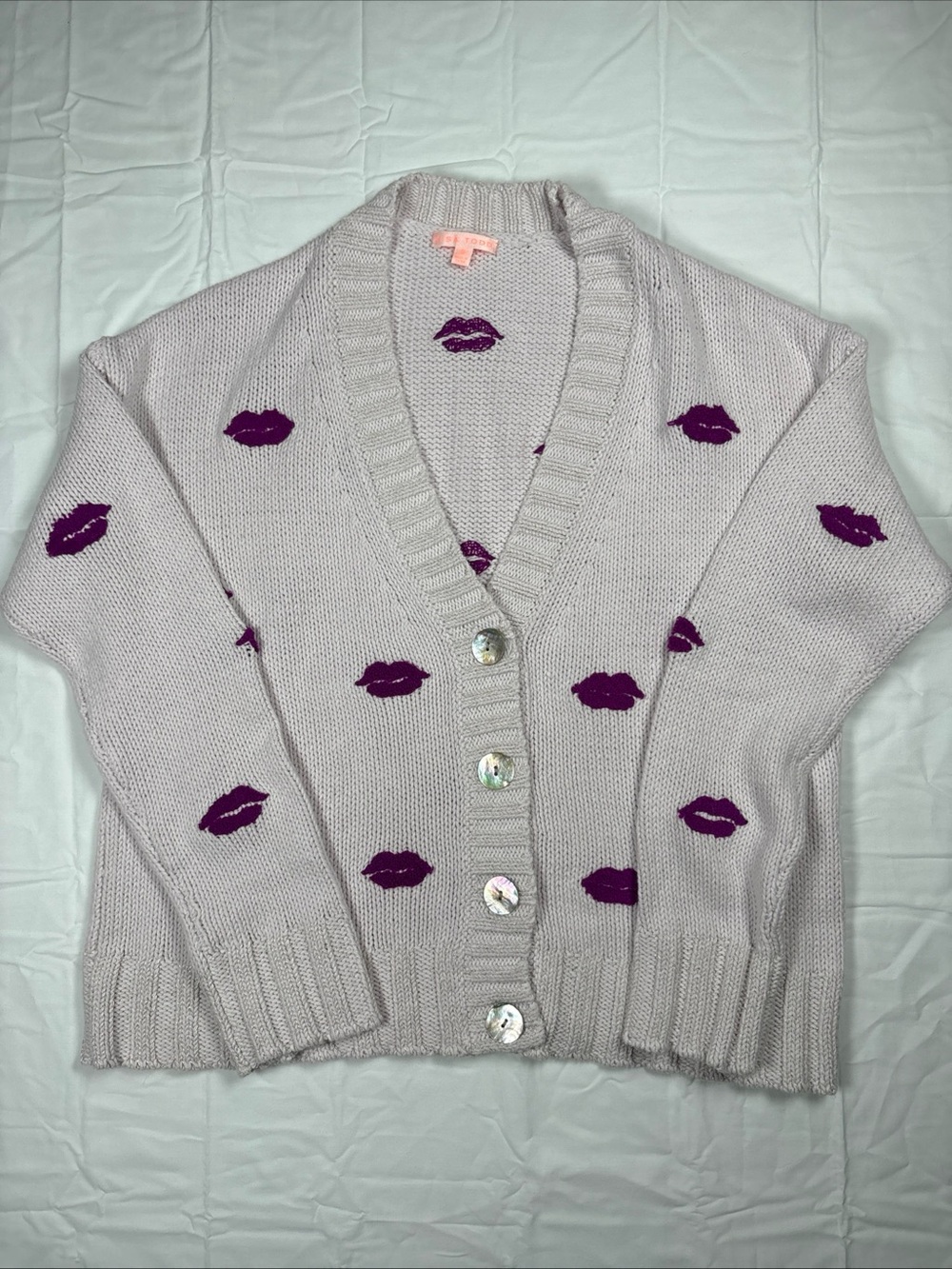 Lisa Todd Light Pink Knit Cardigan with Purple Lip Motif